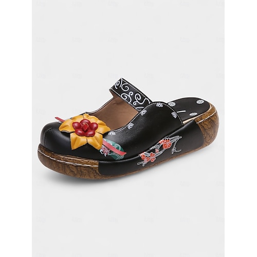  Damen-Slipper-Clogs aus lila geblümtem Leder mit 3D-Blumenapplikation – bequeme Vintage-Schuhe im Bohème-Stil für die Freizeit, Gartenarbeit und Reisen