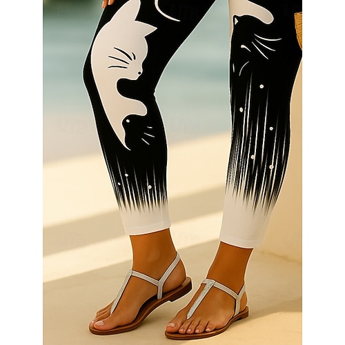  Femmes Leggings Vacances Mode Mignon Longueur complète Taille haute Graphique Animal Chat Impression 3D Séchage Rapide Respirabilité Doux Élastique Extérieur Maison Décontracté Noir Blanche Automne