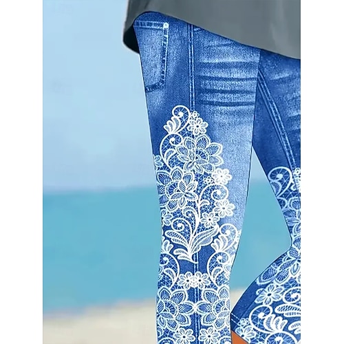  Women's Capri Pants Leggings Vacation Vintage Ethnic Style Calf-Length High Waist Floral Graphic 3D Print Soft Comfortable Breathable Inelastic Vacation Street Causal White-Blue Light Blue Summer