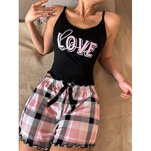  Dames Pyjamaset Casual Comfortabel Hart Raster / Plaid Brief Elastische taille Strap Top Korte broek Huis Dagelijks Mouwloos hihnat Zwart Wit Goud Bruin Zomer Normale pasvorm