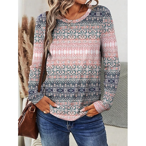  Dam T-shirt långärmad crew neck långärmad tunika grafisk geometrisk stilren avslappnad trendig vanlig toppar dagligen helg tryck rosa blå höst förhöjd