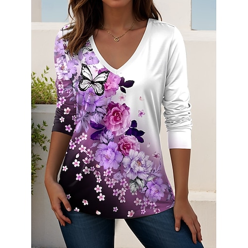  Femmes T-shirt Fleuri Graphique Plantes ancien Élégant Classique manche longue Col en V Hauts Réguliers Quotidien Sortir Week-end Imprimé Vert Claire Bleu Bleu Ciel Violet Vert Printemps Automne