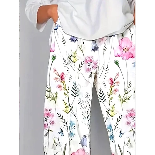  Dames Chinese Wijde broek Vakantie Vintage Etnische stijl Enkellengte Hoge taille Bloemig Grafisch Planten Lapwerk Trekkoord Opdrukken Ademend Micro-elastisch Vakantie Casual Dagelijks Wit Licht Groen