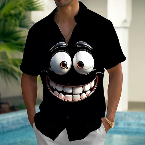  Miesten Piirretty Hauska Hymynaama Paita Kesä paita Button Up paita Lyhythihainen Muoti rento Loma Juhla Pyhäpäivä Kesä Kevät Sänkyjen avaus 3D-tulostus kauluspaidat Edessä yksi tasku Musta