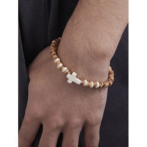 Bracelet homme en perles de bois naturel avec croix turquoise – bracelet extensible bohème fait main pour une tenue décontractée, des tenues d'été et une ambiance plage