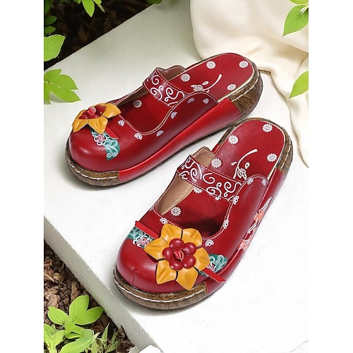  Damen-Slipper-Clogs aus lila geblümtem Leder mit 3D-Blumenapplikation – bequeme Vintage-Schuhe im Bohème-Stil für die Freizeit, Gartenarbeit und Reisen