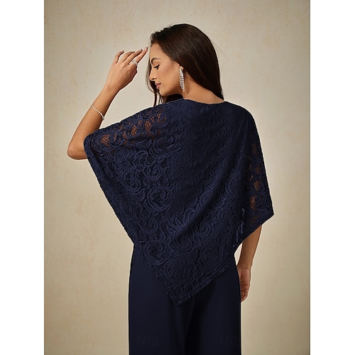  Women's Blouse Dressy Tops Plain Elegant Half Sleeve Crew Neck Regular Tops Wedding Guest Daily Lace Patchwork Layered Navy Blue Summer Spring