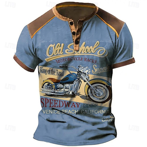  Homens Gráfico Motocicletas Camisa Henley Manga Curta Impressão 3D Moda Designer Confortável Ao ar livre Diário Verão Azul Marinha Azul Azul Céu Roxo Marron Henley Camiseta Henley