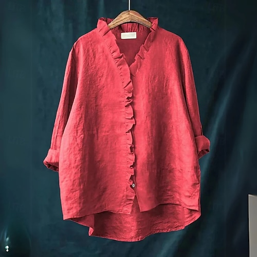 Damen Bluse aus Baumwolle und Leinen, einfarbig, elegant, lässig, langärmelig, V-Ausschnitt, normale Oberteile, Alltag, Urlaub, Knöpfe, weiß, gelb, rot, blau, beige, Sommer, Herbst
