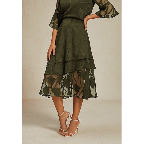  Damen Rock Elegant Midi Mittlere Taille Röcke Blumenmuster Geschichtet Unelastisch Party Lässig Olive Sommer Chiffon