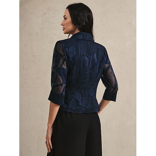 Dames Overhemd Blouse Bloemig Elegant Stijlvol 3/4 mouw V-hals Normale tops Werk Dagelijks strik voorkant Geklede tuniek Asymmetrisch Marineblauw Zomer Lente Herfst
