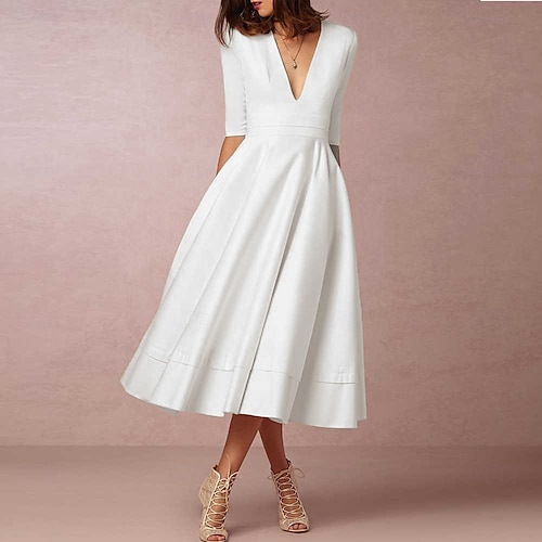 Abiti da Sposa in Spiaggia Semplici Abiti per Matrimonio A-Line Collo a V Senza Maniche Strascico Corte Raso Abiti da Sposa Con Pieghe Arricciato per impressionare