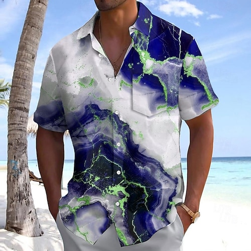  Miesten Geometrinen Marmori Abstrakti taide Paita Kesä paita Button Up paita Lyhythihainen Muoti rento ulko- Loma Arkikäyttö Kesä Kevät Sänkyjen avaus 3D-tulostus kauluspaidat Edessä yksi tasku Viini