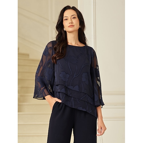  Dames Kanten overhemd Blouse Geklede topjes Chiffon-topjes Effen Kleur Bloemig Grafisch Elegant Stijlvol Basic Halve mouw Flutter mouw Boothals Normale tops Bruiloft gast Werk Dagelijks Asymetrische