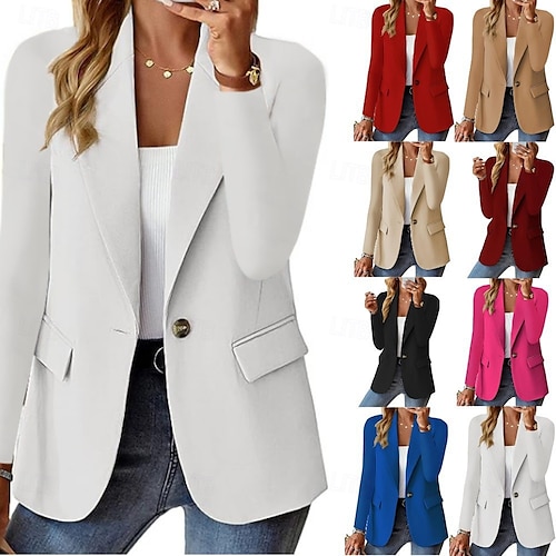 Mujer chaqueta Cómodo Transpirable Bolsillo Casual Plano Oficina Calle Casual Ropa Cotidiana Botonadura Simple Regular Cuello Vuelto Ajuste regular Manga Larga Ropa de calle Negro Blanco Vino Otoño