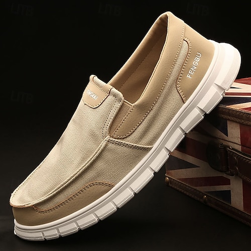 Mocassins à enfiler en toile kaki pour hommes, semelle légère et flexible, design respirant pour une tenue de bureau décontractée, une marche quotidienne et des voyages