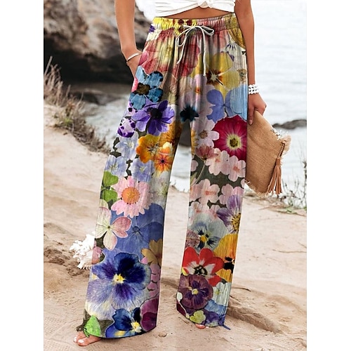  Femmes Culottes Jambe Large Jambe large Chinos Vacances ancien Mode Longueur complète Taille haute Fleuri Graphique Feuille Ceinture Élastique Impression Respirant Doux Micro-Élastique Vacances Rue