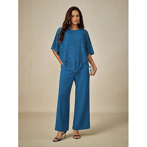  Women's Blouse Dressy Tops Plain Elegant Half Sleeve Crew Neck Regular Tops Wedding Guest Daily Lace Patchwork Layered Blue Summer Spring