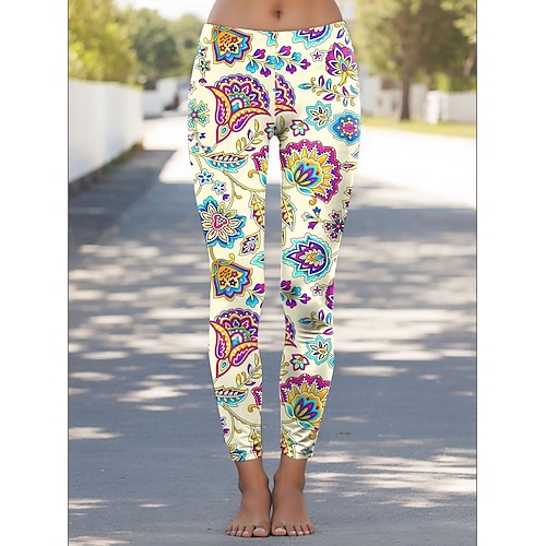 Femmes Leggings ancien Mode Occasionnel Longueur cheville Taille haute Fleuri Graphique Impression Doux Respirant Élastique Vacances Occasionnel Quotidien Blanche Jaune Bleu Vert Été Printemps Automne