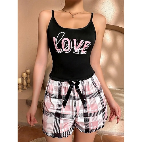  Dames Pyjamaset Casual Comfortabel Hart Raster / Plaid Brief Elastische taille Strap Top Korte broek Huis Dagelijks Mouwloos hihnat Zwart Wit Goud Bruin Zomer Normale pasvorm
