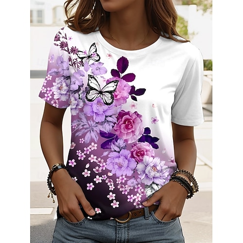  t-shirt femme décontracté imprimé manches courtes hauts réguliers quotidien noir rose bleu ciel bleu été