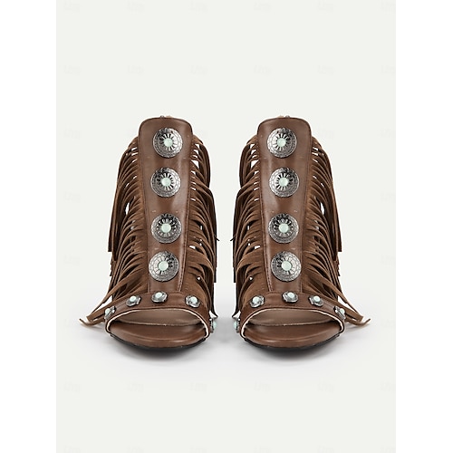  Women's Brown Fringe Peep Toe Heeled Sandals with Concho Studs – Western Boho Festival Boots for Country Concerts, Rodeo Events, and Summer Outfits