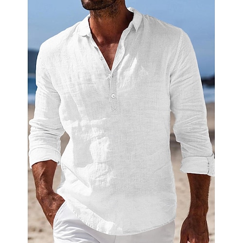 Men's Shirt Linen Shirt Summer Shirt Beach Wear Plain Vacation Casual Black White Blue Khaki Long Sleeve Lapel Spring & Summer Clothing Apparel