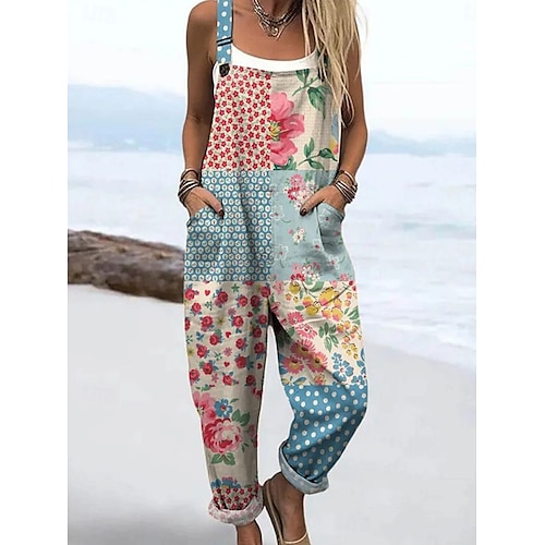  Femmes Combinaison Vacances ancien Occasionnel Longueur complète Taille haute Fleuri Graphique Cordon de serrage Non Elastique Vacances Rue Occasionnel Marine foncé Bleu Ciel Orange Vert Ét
