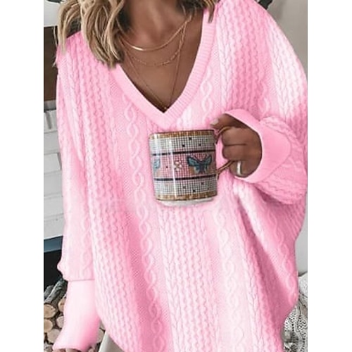  Femmes Pull Cardigan Mode Streetwear Quotidien Couleur Unie Côtelé Col en V Tricoté manche longue Hauts Longs Tricoter Fête Sortir Week-end Noir Blanche Automne Hiver