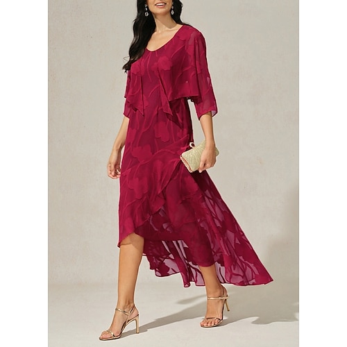  Femmes Robe maxi Robe à Volants Élégant Mariage robe demoiselle d honneur Soirée Coupe régulière Fleuri Sans manches Col en U Rouge Été Printemps