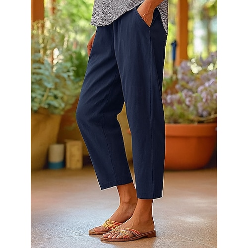  Women's Cotton Pants Vacation Vintage Ethnic Style Ankle-Length High Waist Plain Comfy Breathability Soft Micro-elastic Army Green Dark red Black White Summer Spring Loose Fit
