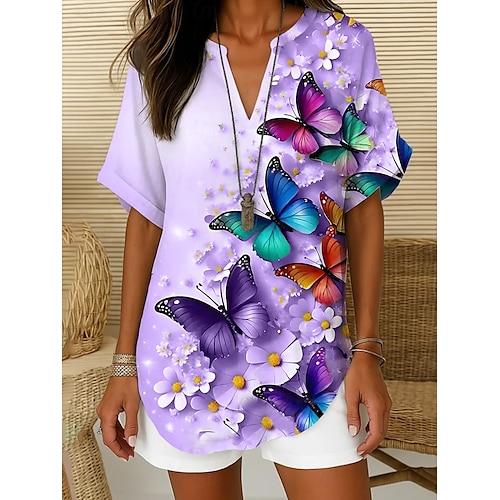  Femmes Chemise Bohème Fleuri Graphique Élégant Bohème Tropical Manche Courte Col en V Hauts Réguliers Quotidien Fête Tenue de plage Bleu Violet Vert Été Printemps