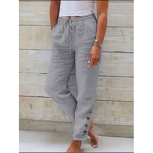  Femmes Pantalon en coton et lin Chinos Vacances ancien Mode Longueur complète Taille haute Uni Avec Poches Ceinture Élastique Confortable Doux Micro-Élastique Extérieur Rue Noir Blanche Vert clair