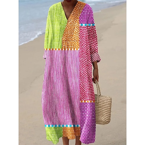  Robe mi-longue femme à col en V manches longues caftan léger coupe ample robe évasée décontractée boho sortie graphique géométrique à rayures manches longues col en V rouge orange noir jaune rose