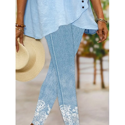 Women's Leggings Vacation Vintage Fashion Ankle-Length High Waist Floral Graphic Gradient Printing Breathable Soft Stretchy Vacation Casual Daily Light Blue Summer Spring Slim Fit