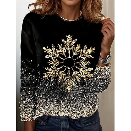 Christmas Women's T shirt Crew Neck Long Sleeve Tunic Casual Print Regular Tops Daily Black Spring Fall