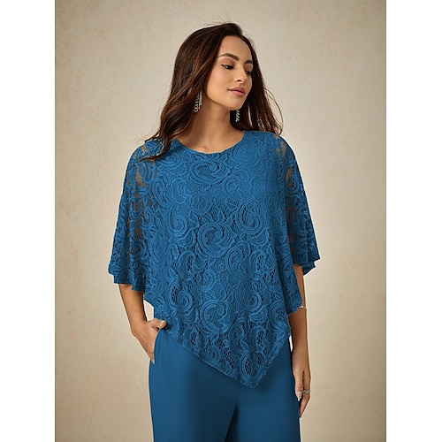  Women's Blouse Dressy Tops Plain Elegant Half Sleeve Crew Neck Regular Tops Wedding Guest Daily Lace Patchwork Layered Blue Summer Spring