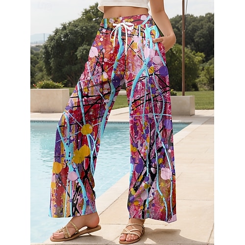 Damen Weites Bein Chinos Baggy-Hosen Urlaub Vintage Mode Volle Länge Hohe Taille Grafik Abstrakt Drucken Atmungsaktiv Weich Mikroelastisch Formell Outdoor Urlaub Karminrot Rubinrot Gelb Grün Sommer
