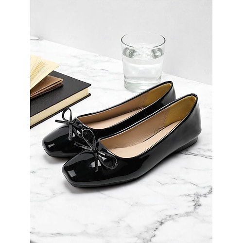 Women's Patent Faux Leather Ballet Flats – Square Toe Slip-On