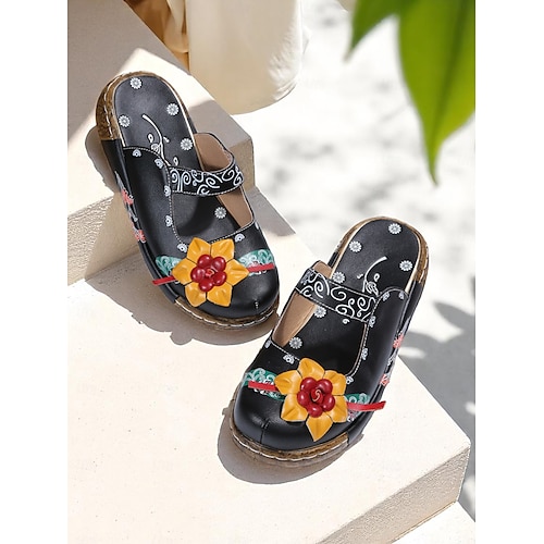  Damen-Slipper-Clogs aus lila geblümtem Leder mit 3D-Blumenapplikation – bequeme Vintage-Schuhe im Bohème-Stil für die Freizeit, Gartenarbeit und Reisen