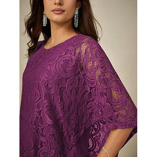  Women's Blouse Dressy Tops Plain Elegant Half Sleeve Crew Neck Regular Tops Wedding Guest Daily Lace Patchwork Layered Purple Summer Spring