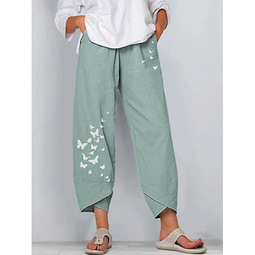  Dames Chinese Wijde broek Vakantie Vintage Etnische stijl Volledige lengte Hoge taille Bloemig Grafisch Vlinder Lapwerk Trekkoord Opdrukken Ademend Micro-elastisch Vakantie Straat Causaal Grijs Groen
