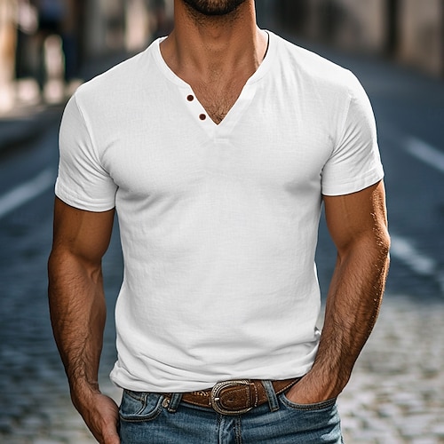  Homme Chemise Henley T-shirt Manches courtes Uni Mode Designer Basique Boutons Col en V Henley Vacances Rue Occasionnel Été Noir Blanche bleu marine T-shirt Henley