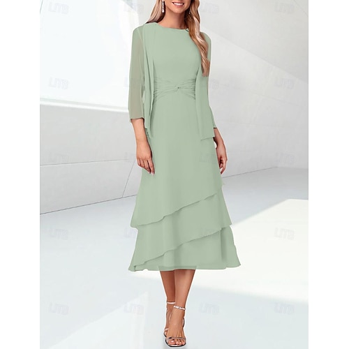 Vestido de Mãe da Noiva Sage Vestido Tubinho Elegante Decote de Joia Comprimento do Chá Chiffon Manga 3/4 com Envoltório Incluído com Franzido tamanho personalizado gratuito
