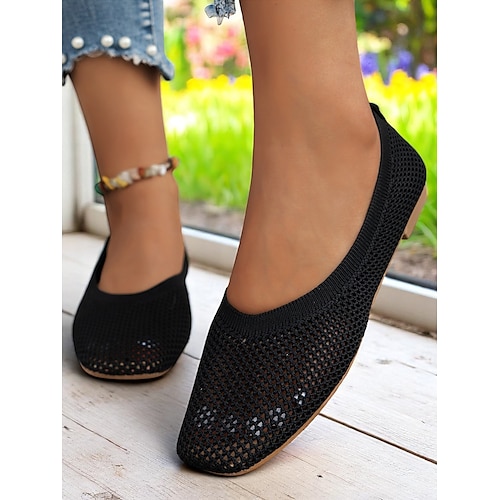 Flyknit-Ballerinas für Damen – atmungsaktive Freizeitschuhe mit quadratischer Zehenpartie für den Weg ins Büro, Besuche im Blumengarten und ganztägigen Komfort