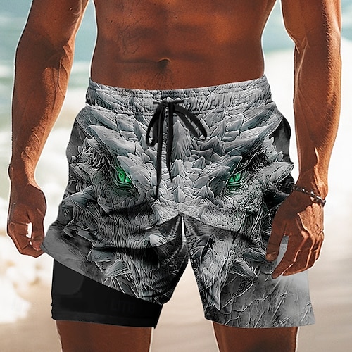  Per uomo Animale Drago 3D Pantaloncini foderati Pantaloncini da bagno 2 in 1 Pantaloncini da mare Misura del girovita medio Stile gotico oscuro Ferie Tasche Laterali Con Fodera a Compressione