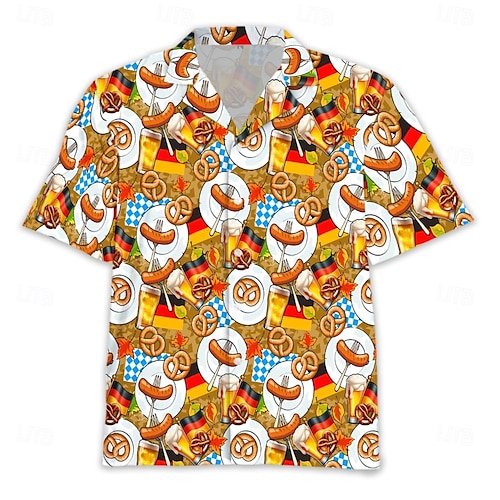 Oktoberfest Beer Sausage Pretzel Hawaiian Shirts Aloha Shirt Bavarian Munich German Graphic For Men's Adults' Carnival Oktoberfest Beer 3D Print Vacation Party