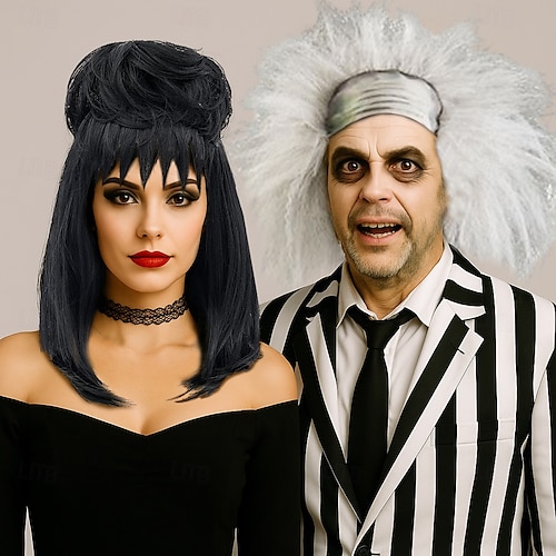  Beetlejuice 2 Lydia Deetz Cosplay Costume Party Wig Bride Fluffy Buns Curly Women'S Black Medium Long Straight Beetle Wig With Bangs Carnival Costume Accessories Halloween Wigs