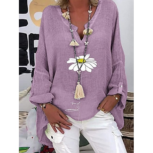  Damen Baumwoll-Leinen-Hemden Gänseblümchen Basic Lässig Langarm Hemdkragen Normale Oberteile Täglich Druck Rosa Marineblau Purpur Grün Sommer Herbst