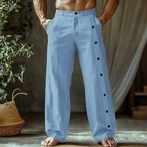  Men's Linen Pants Trousers Summer Pants Beach Pants Pocket Side Button Plain Comfort Breathable Vacation Daily Holiday Hawaiian Boho Black White
